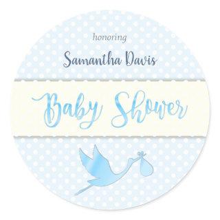 Blue Stork Baby Boy Baby Shower Classic Round Sticker
