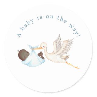 Blue Stork Baby Shower Round Sticker