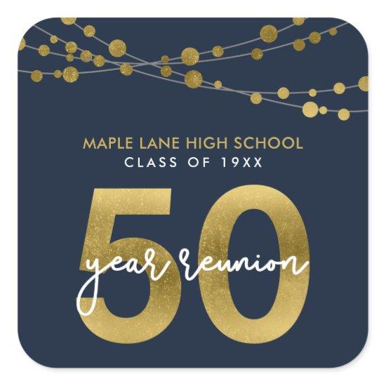 Blue Strings of Lights 50 Year Class Reunion Square Sticker