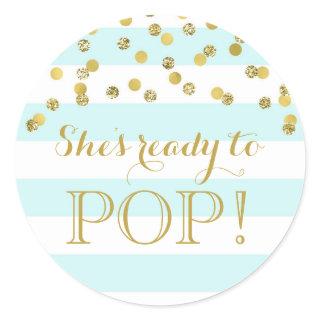 Blue Stripes Gold Confetti She's Ready to Pop Classic Round Sticker