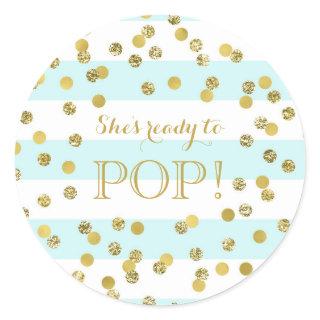 Blue Stripes Gold Confetti She's Ready to Pop Classic Round Sticker
