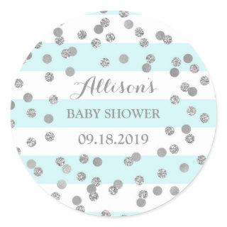 Blue Stripes Silver Confetti Baby Shower Favor Classic Round Sticker