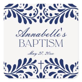 Blue Talavera Tile Spanish Fiesta Baptism Favor Square Sticker