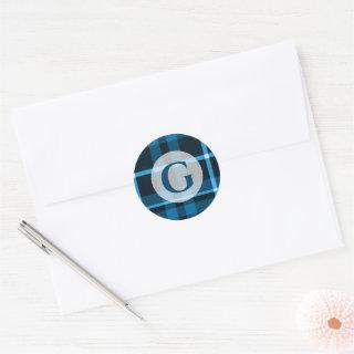 Blue Tartan Plaid Monogrammed Classic Round Sticker
