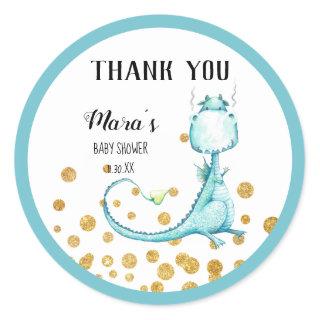 *~* Blue Teal Dragon Glitter Baby Shower Thank You Classic Round Sticker