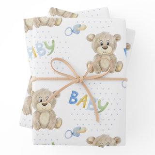 Blue Teddy Bear Baby Boy Watercolor Baby Shower  Sheets