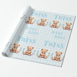 Blue Teddy Bear Twins Typography Baby Shower