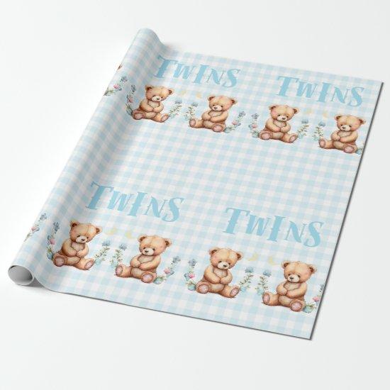 Blue Teddy Bear Twins Typography Baby Shower