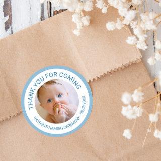 Blue Thank You For Coming Naming Ceremony Photo Classic Round Sticker