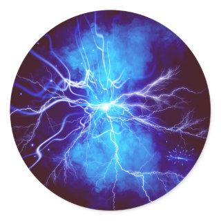 Blue Thunderstorm Lightning with clouds Classic Round Sticker
