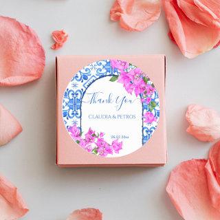 Blue Tiles and Bougainvillea elegant thank you Classic Round Sticker