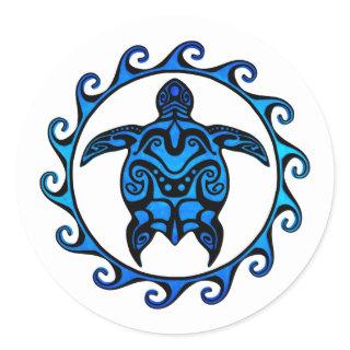 Blue Tribal Turtle Sun Classic Round Sticker