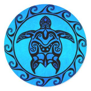 Blue Tribal Turtle Sun Classic Round Sticker