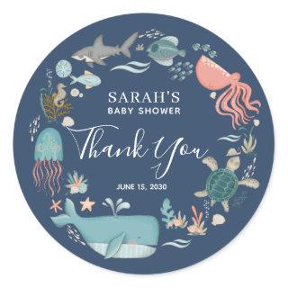 Blue Under the Sea Baby Shower Thank You Classic R Classic Round Sticker