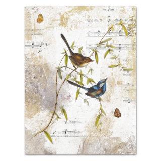 Blue Warbler Bird Butterfly Music Gold Decoupage   Tissue Paper