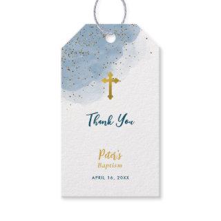 Blue Watercolor Glitter Gold Cross Baptism Boy  Gift Tags