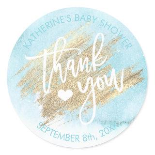 Blue Watercolor Gold Brush Stroke Baby Shower Classic Round Sticker
