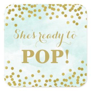 Blue Watercolor Gold Confetti She's Ready to Pop Square Sticker