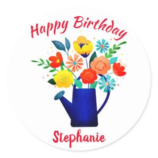 Blue Watering Pot Yellow Red Flower Happy Birthday Classic Round Sticker