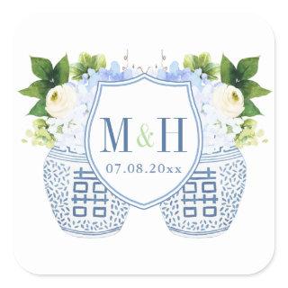 Blue & White Chinoiserie Initials And Date Wedding Square Sticker