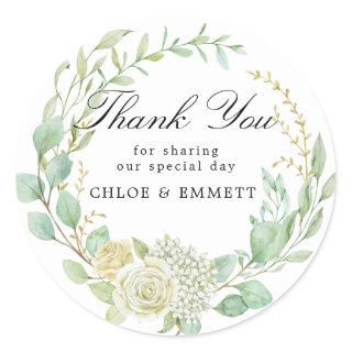Blue White Floral Wedding Favor Thank You Classic Round Sticker