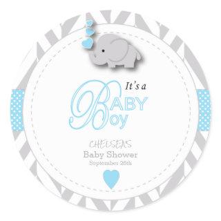 Blue, White Gray Elephant Baby Shower Classic Round Sticker