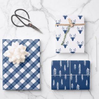 Blue White Mixed Rustic Patterns Deer Woods Plaid  Sheets