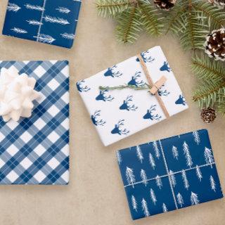 Blue White Mixed Rustic Patterns Deer Woods Plaid  Sheets