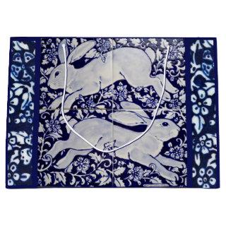 Blue, White Rabbit Floral Tile Design Dedham Delft Large Gift Bag