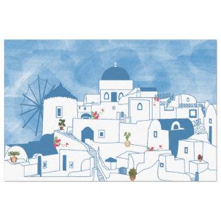 Blue & White Watercolor Santorini Greece Tissue Paper