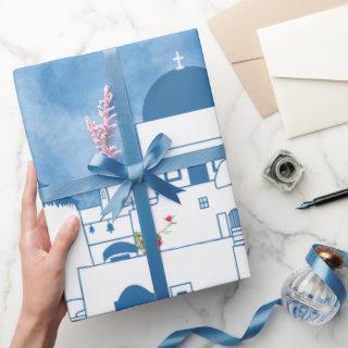 Blue & White Watercolor Santorini Greece