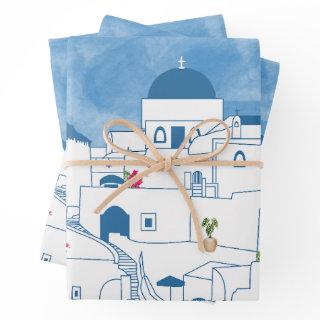 Blue & White Watercolor Santorini Greece  Sheets