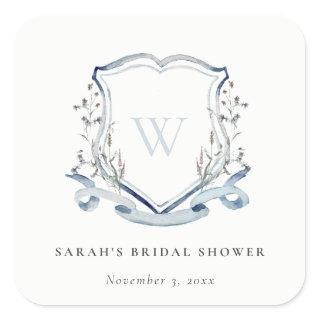 Blue Wildflower Watercolor Crest Bridal Shower Square Sticker