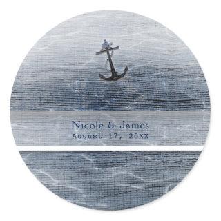Blue Wood Elegant Nautical Beach Sea Engagement Classic Round Sticker