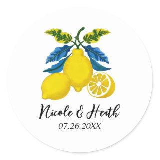 Blue Yellow Lemon Watercolor Mediterranean Wedding Classic Round Sticker