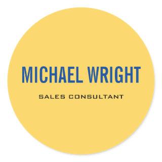 Blue Yellow Modern Plain Simple Minimalist Name Classic Round Sticker