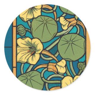 Blue Yellow Nasturtium Flower Nouveau Pattern Classic Round Sticker