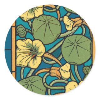 Blue Yellow Nasturtium Flower Nouveau Pattern Classic Round Sticker