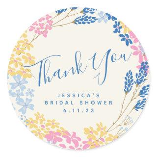 Blue Yellow Summer Flower Wreath Custom Thank You Classic Round Sticker