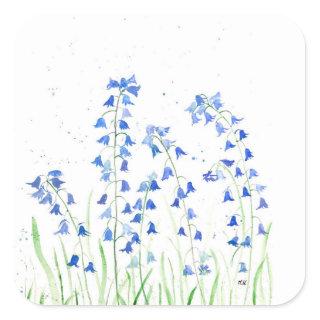 Bluebells blue flowers greenery botanical  square sticker