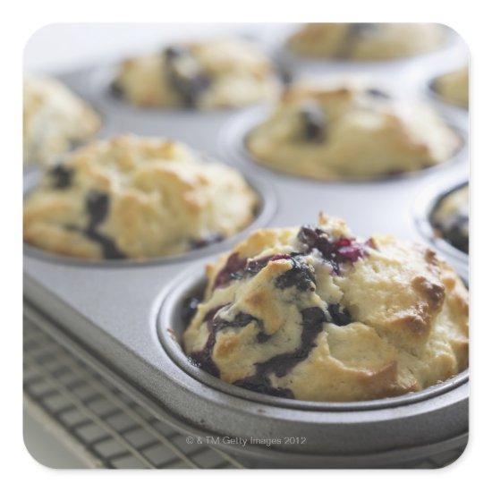 Blueberry muffins in a baking tin on a cooling square sticker
