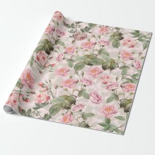 Blush Antique Redouté Roses Branch on pink pattern