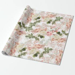 Blush Antique Redouté Roses on white pattern