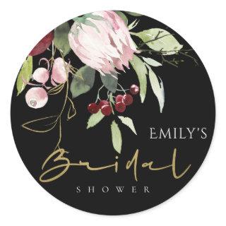 BLUSH BLACK BURGUNDY PROTEA FLORAL BRIDAL SHOWER CLASSIC ROUND STICKER