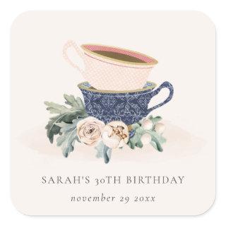 Blush Blue Flora Stacked Tea Cups Any Age Birthday Square Sticker