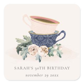 Blush Blue Flora Stacked Tea Cups Any Age Birthday Square Sticker