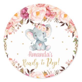 Blush Floral Elephant Baby Shower Ready to Pop  Classic Round Sticker