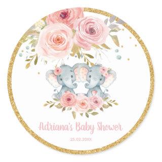 Blush Floral Elephant Twins Baby Girl Shower Favor Classic Round Sticker