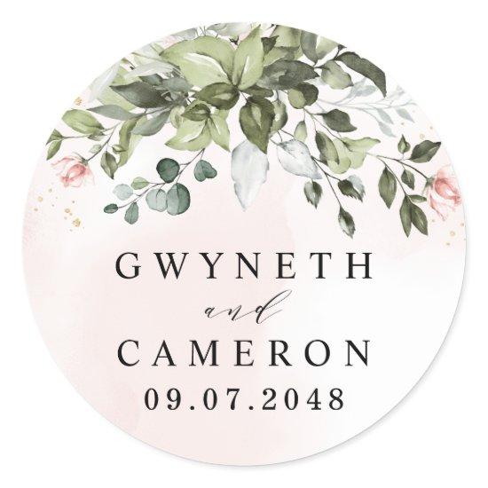 Blush Gold Greenery Succulent Dusty Blue Wedding Classic Round Sticker