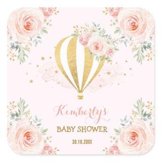 Blush Gold Hot Air Balloon Pink Floral Party Favor Square Sticker